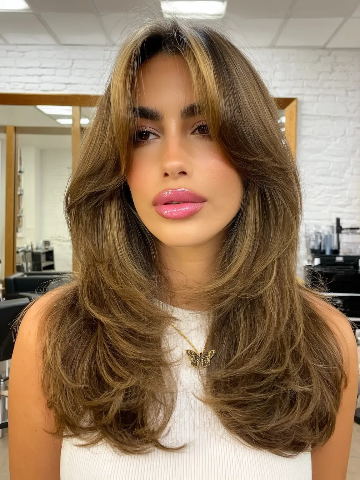 Long Feathered Layers with Golden Brown Balayage